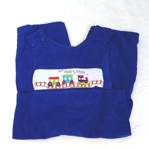 Boy's smocked choo choo train overhauls, Zuccini, 18 months, royal blue